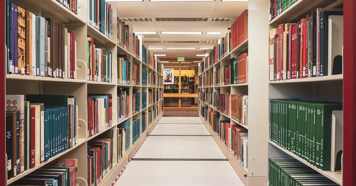 Long aisle in a library with shelves full of various colorful books, perfect for education and research.