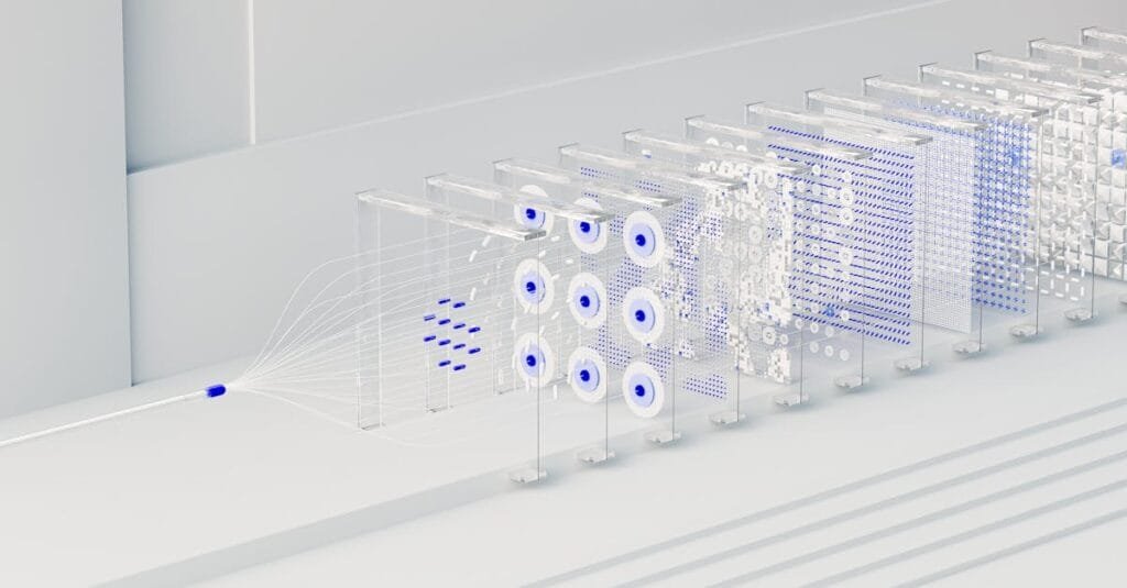 Visual abstraction of neural networks in AI technology, featuring data flow and algorithms.