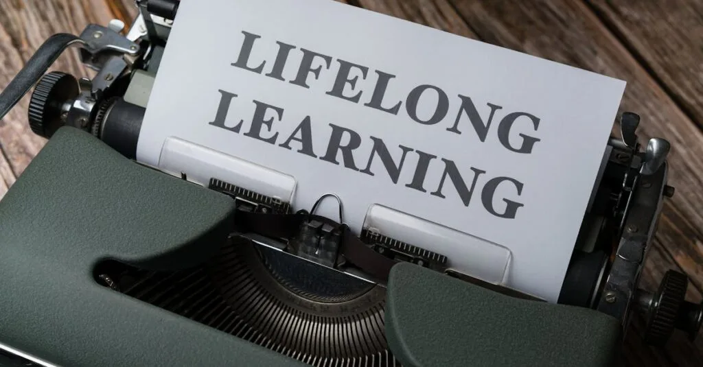 A classic typewriter displaying 'Lifelong Learning' on paper, symbolizing ongoing education.