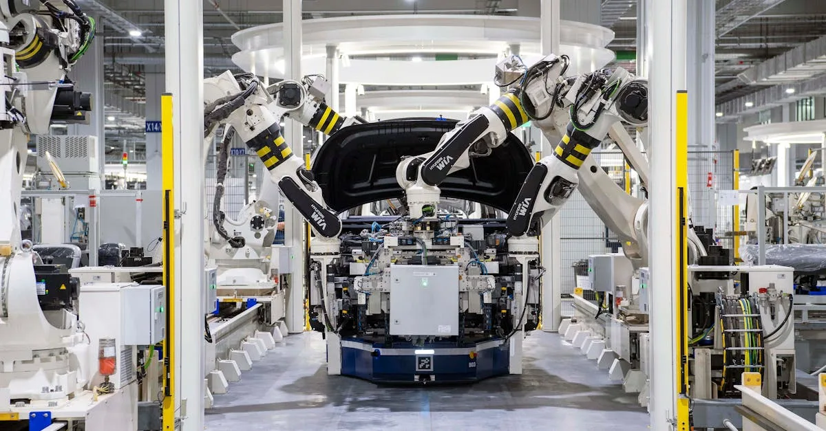 High-tech robots assembling a car in a modern factory setting, showcasing automation.