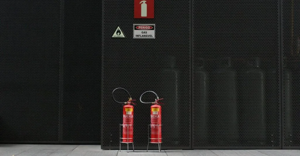 Red fire extinguishers against industrial metal wall with warning signs.