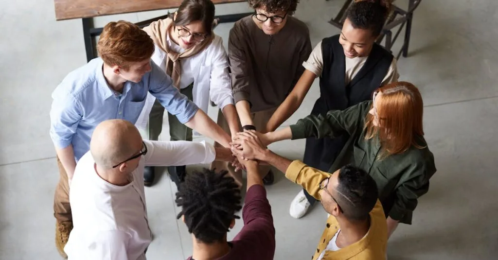 Top view of diverse group of people collaborating in office setting.
