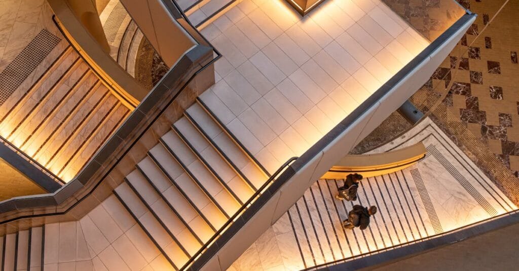 Contemporary indoor staircase captured from above in Melbourne, showcasing modern architecture.