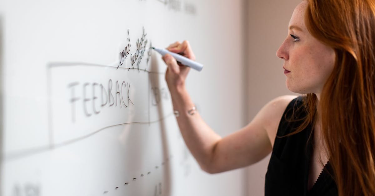 Focused woman writing on a whiteboard during a business planning session.