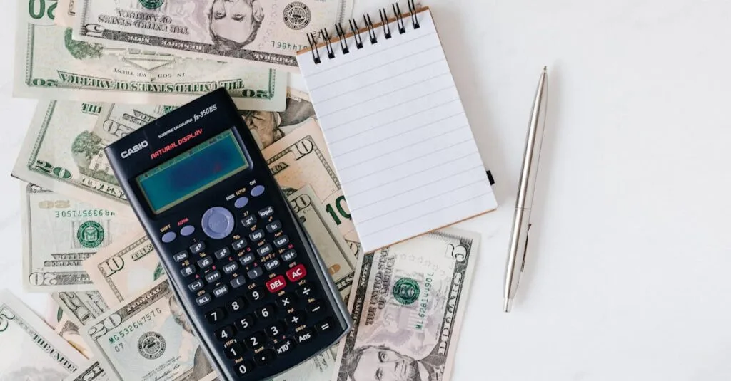 Flat lay of US dollar bills with calculator and notebook for budgeting.