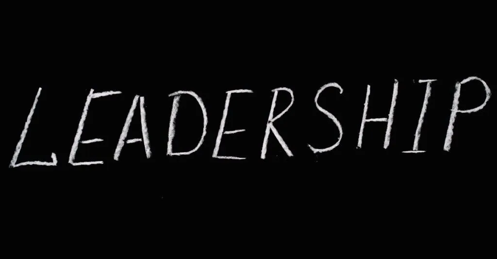 Chalk text spelling 'Leadership' on a blackboard, symbolizing guidance and authority.