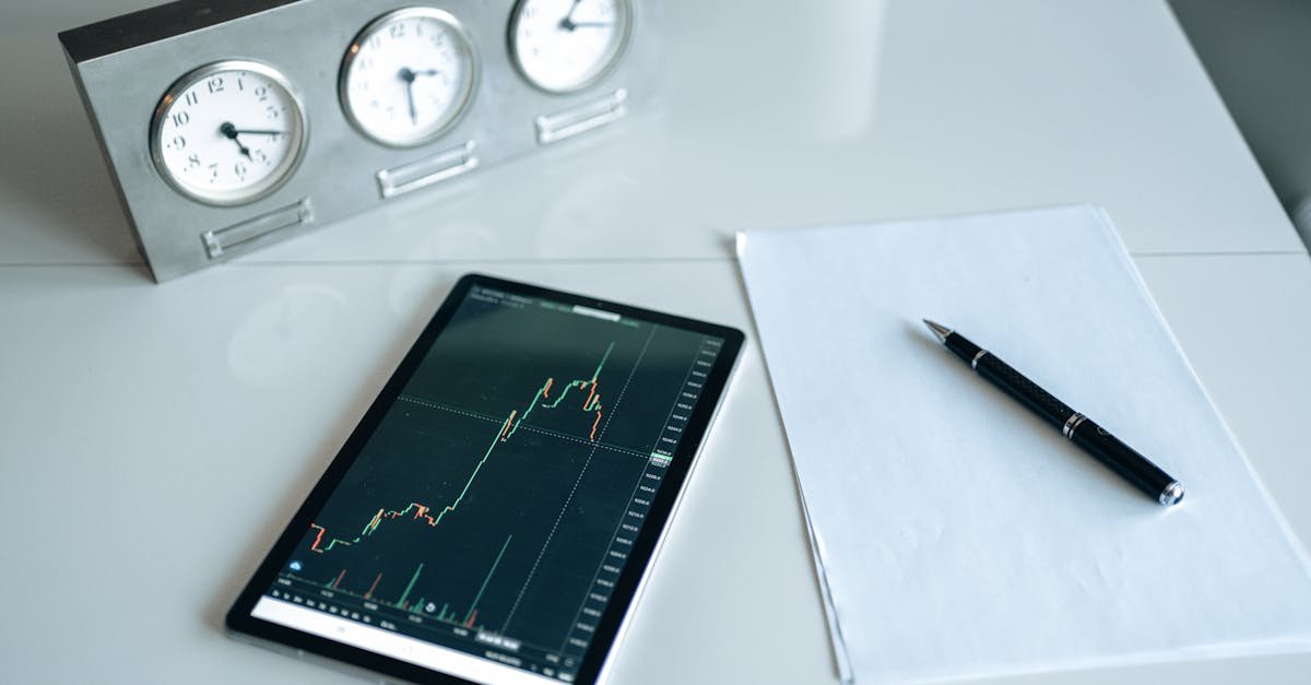 Tablet displaying stock chart on a minimal white workspace with clock and pen.
