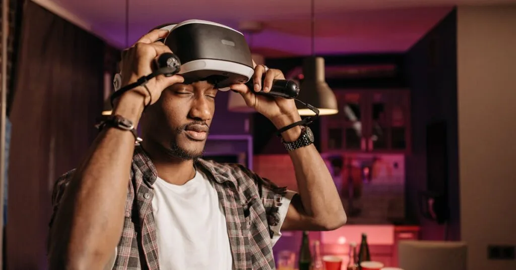 Young adult enjoying virtual reality gaming indoors with VR headset.