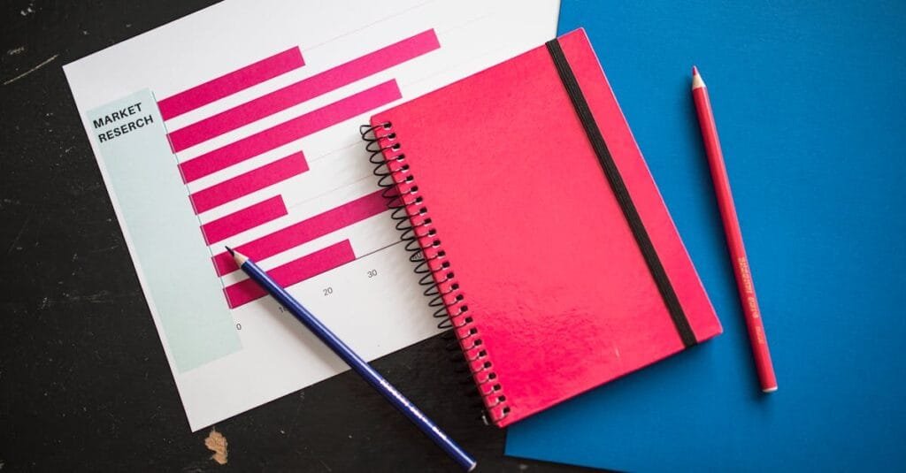 Overhead view of business chart with red notebook and colored pencils on table.