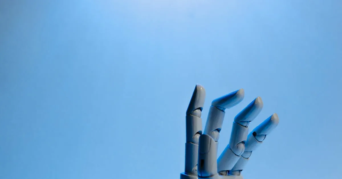 Robotic hand with articulated fingers reaching towards the sky on a blue background.