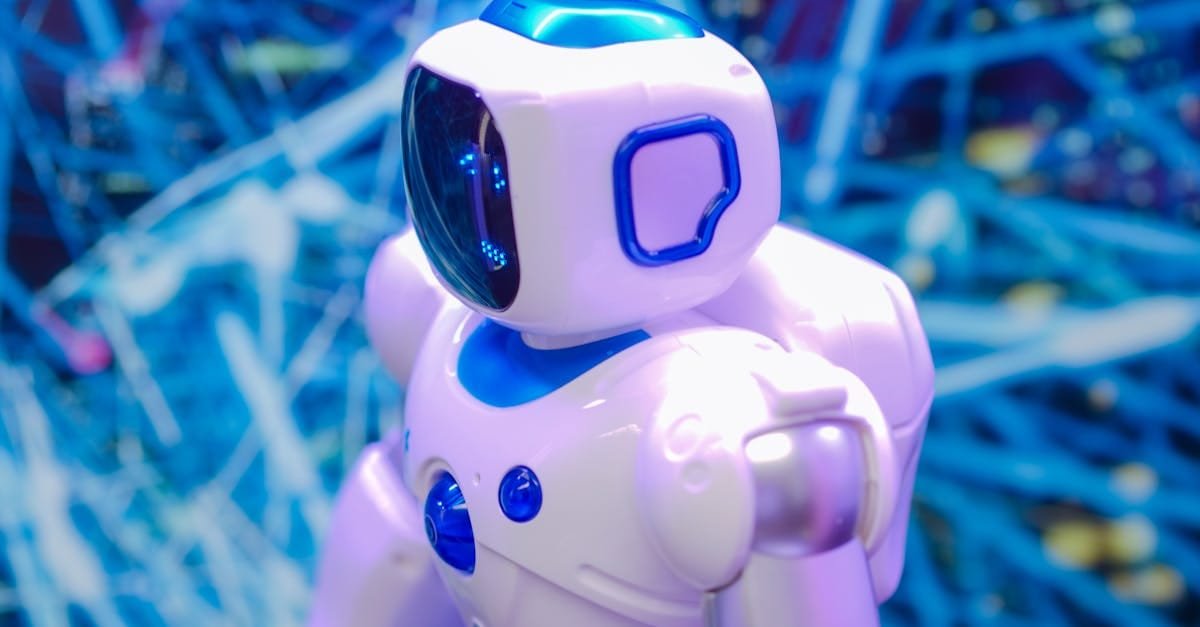 Close-up of a white and blue robot against a dynamic, futuristic tech backdrop.