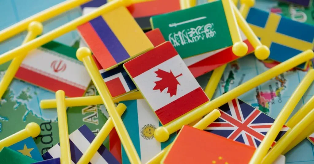 Colorful mini flags of countries on a world map, symbolizing global connections.