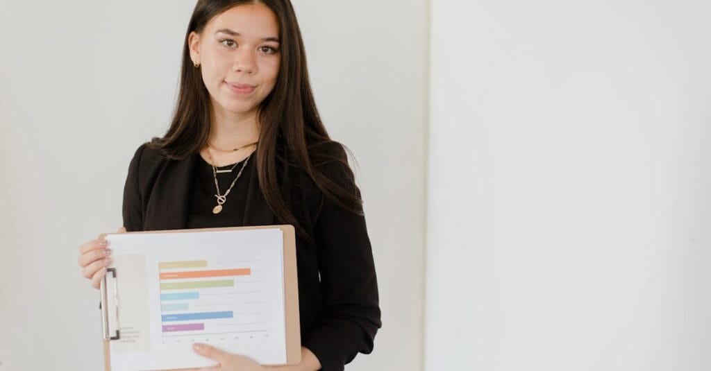 Confident businesswoman presenting a colorful bar graph on a clipboard.