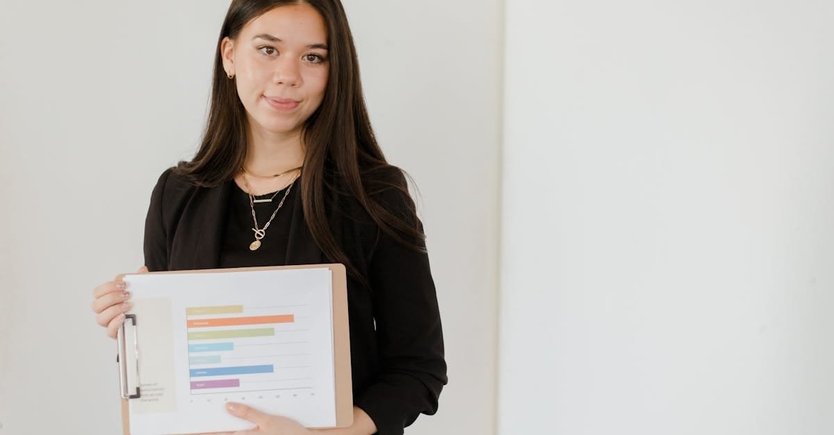 Confident businesswoman presenting a colorful bar graph on a clipboard.