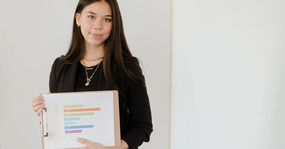 Confident businesswoman presenting a colorful bar graph on a clipboard.