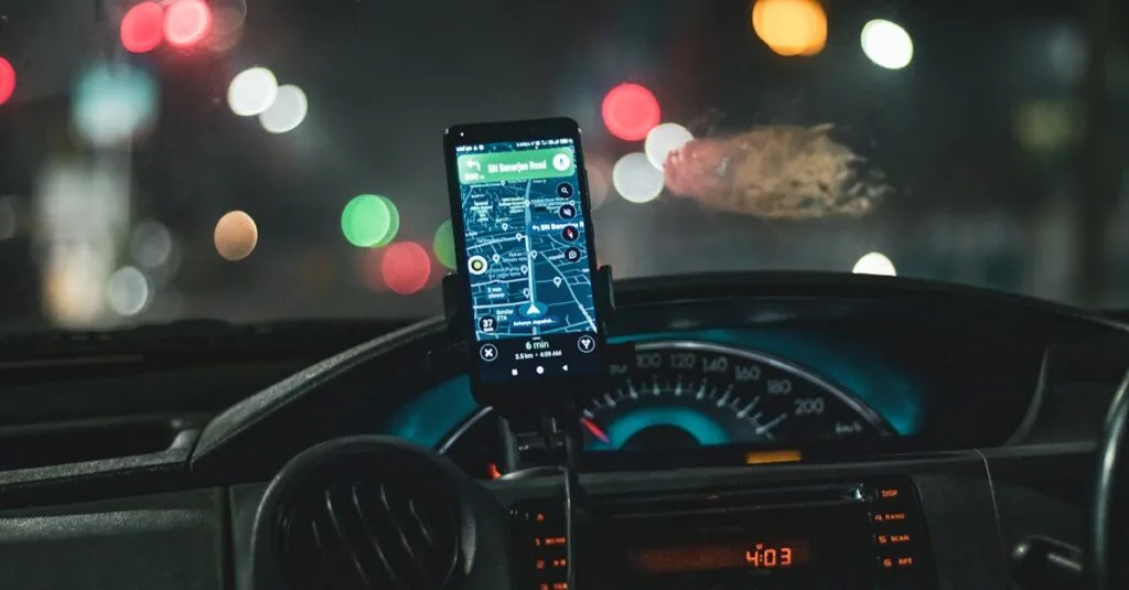 Close-up of a smartphone with map navigation in a car at night with bokeh effect.