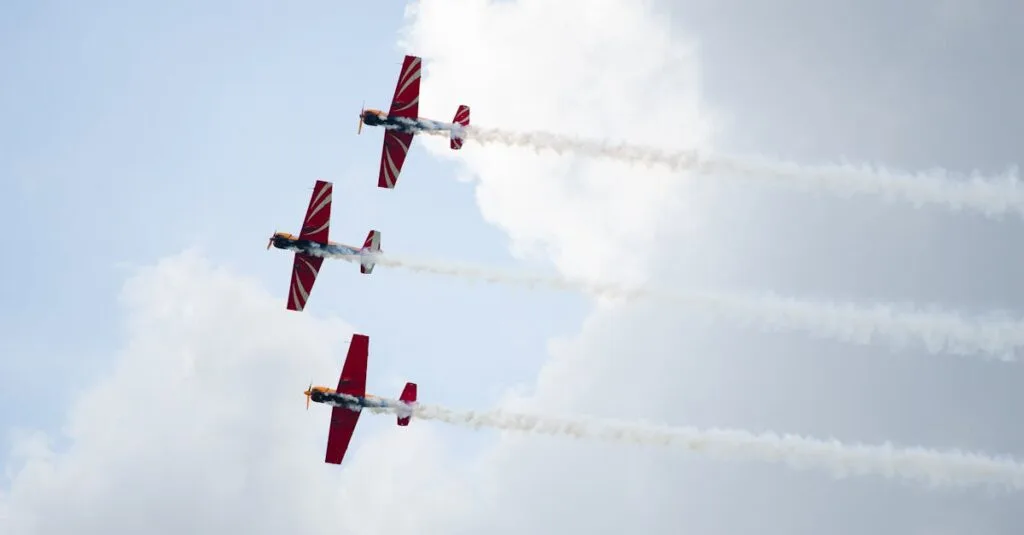 Three red and white airplanes performing aerobatic maneuvers against a cloudy sky.
