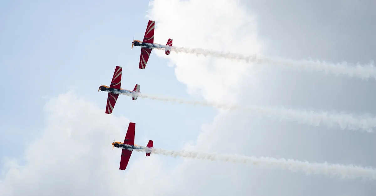 Three red and white airplanes performing aerobatic maneuvers against a cloudy sky.