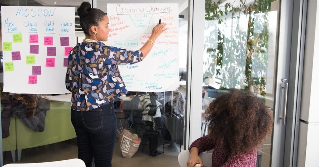 Two women collaborating on project strategy using notes in modern office.