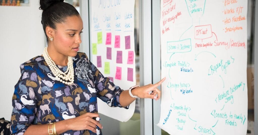 Professional woman presenting business strategy on paper in office. Engaged in workplace discussion.