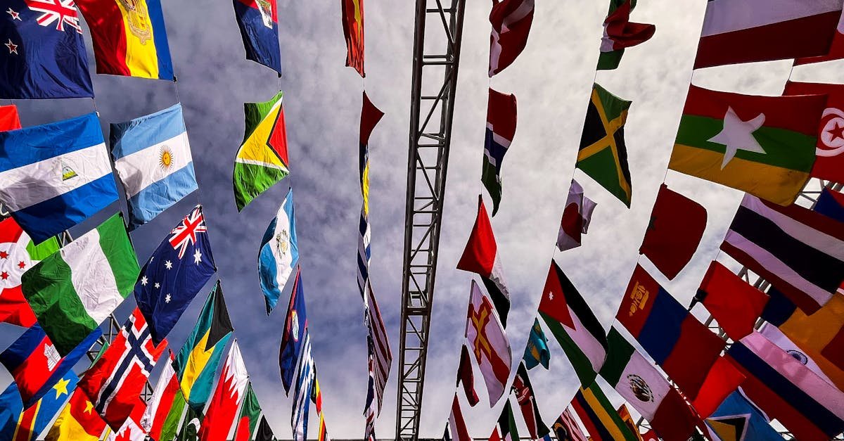 A dynamic low angle shot of various international flags hanging outdoors against a cloudy sky.