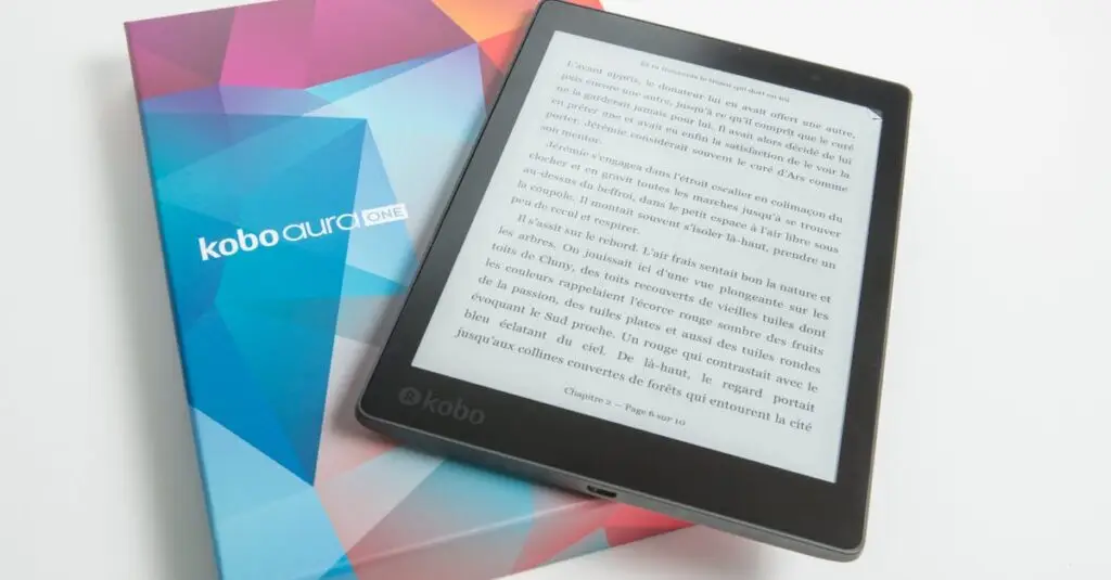 E-reader displayed on colorful packaging, showcasing ebook technology.