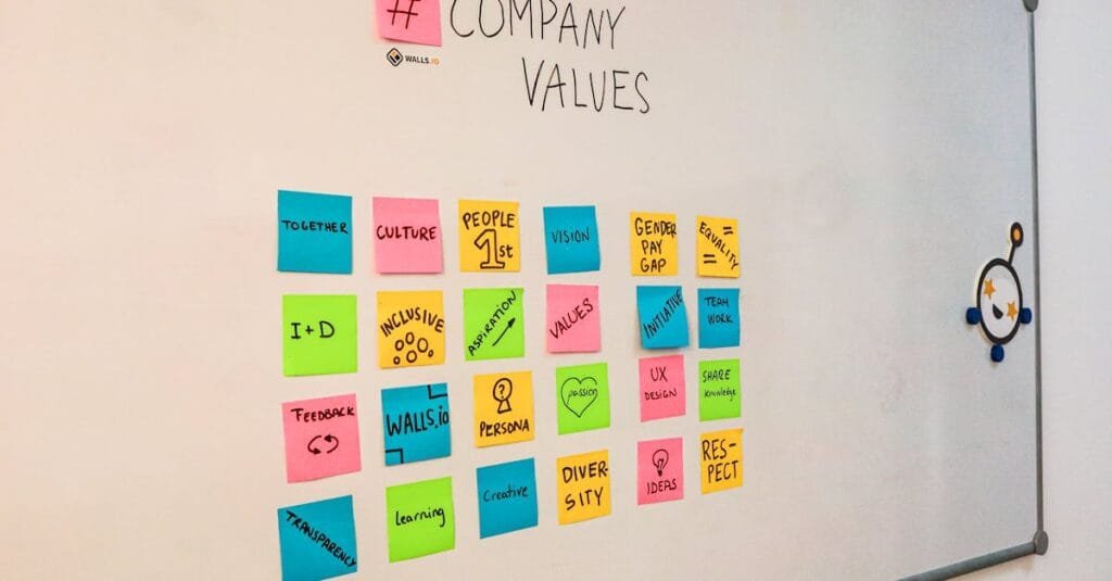 Bright sticky notes highlighting company values and teamwork on a whiteboard.