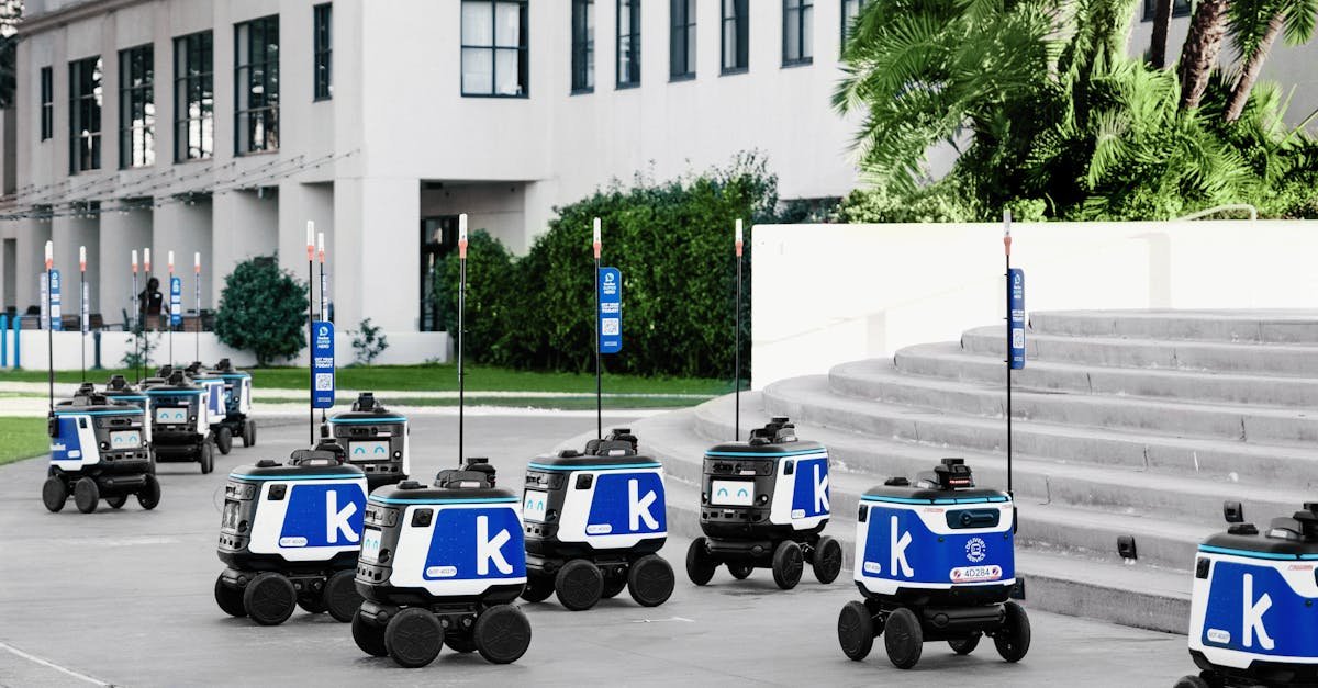 Futuristic autonomous robots delivering packages in an urban setting, showcasing modern technology.