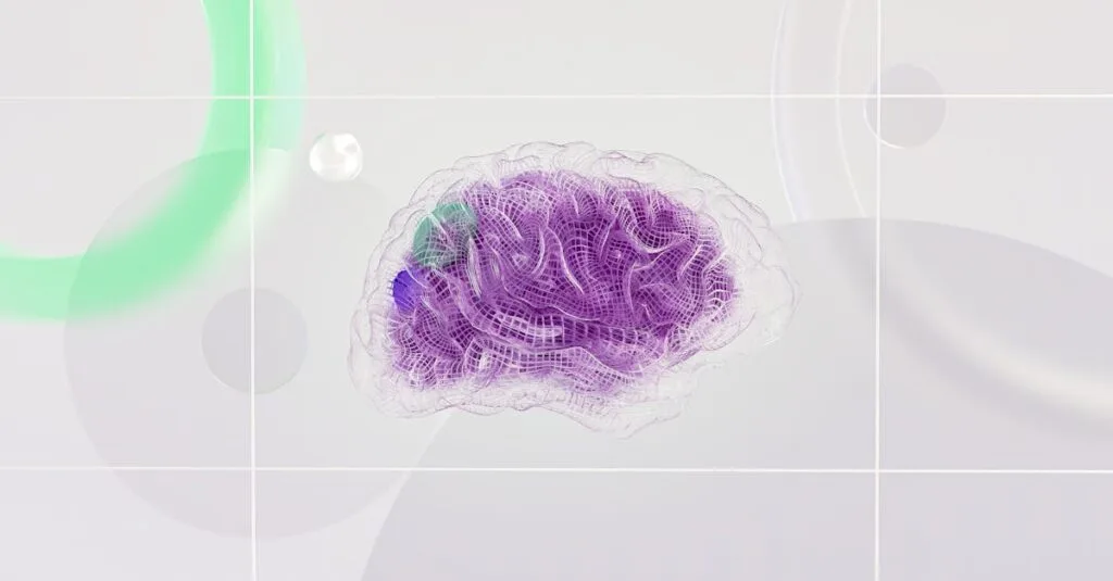 3D rendered abstract design featuring a digital brain visual with vibrant colors.