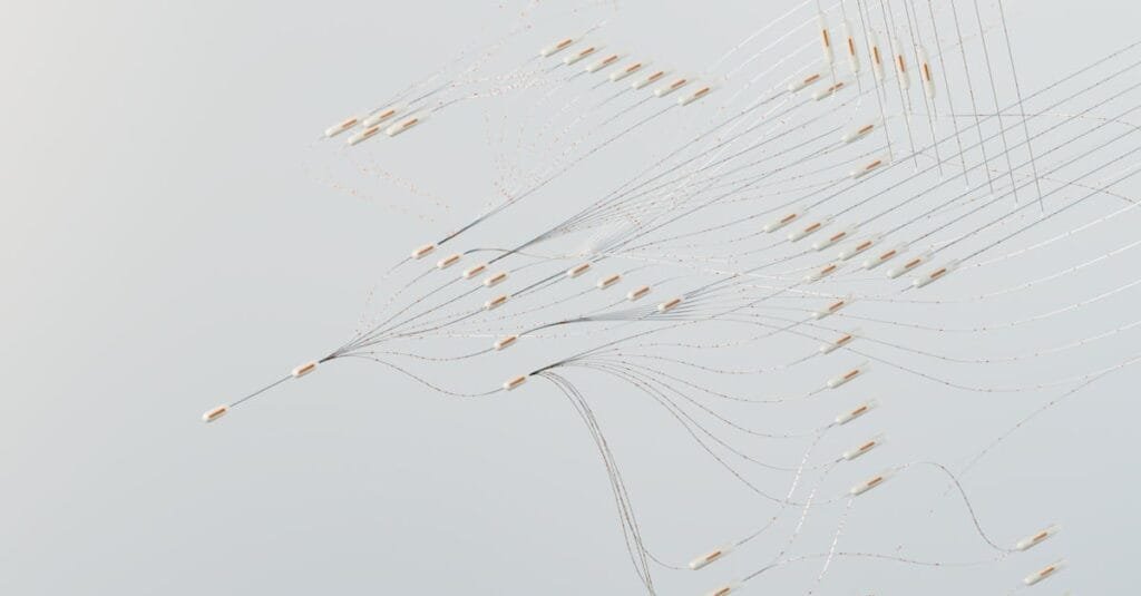 Abstract illustration depicting complex digital neural networks and data flow.