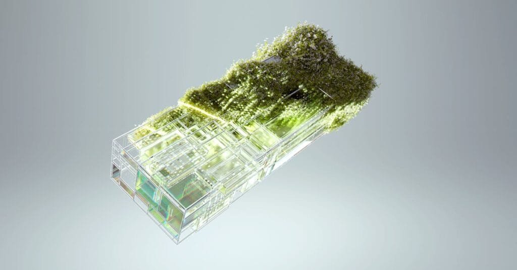 3D render of a glass structure with embedded greenery, symbolizing sustainable technology integration.