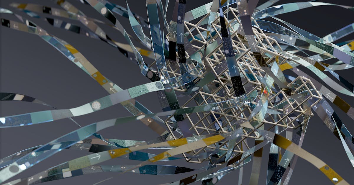 Intricate wireframe with dynamic ribbons in an abstract 3D composition.