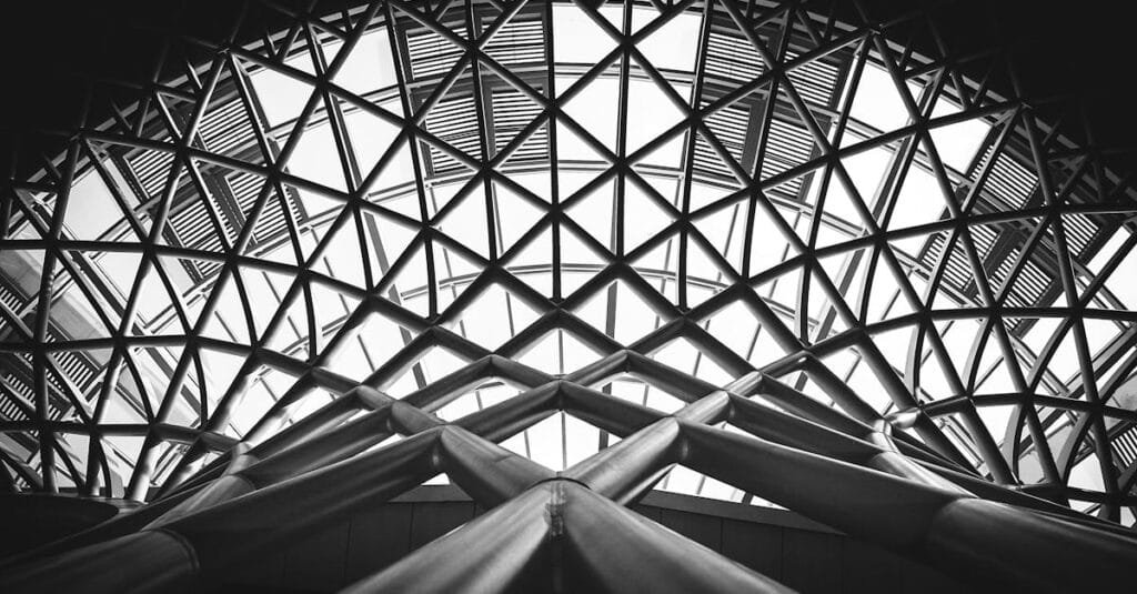 A striking black and white photo of a modern steel dome with geometric patterns.