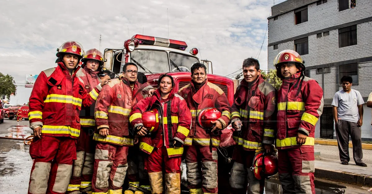Brave firefighters in red uniforms pose in front of a fire truck on a city street in Chiclayo, Perú.