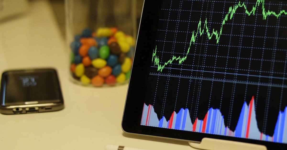 Tablet display of stock market data with smartphone and colorful candies on desk.