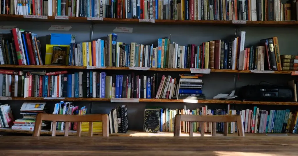 A serene library setting with wooden shelves filled with diverse books, inviting study or relaxation.