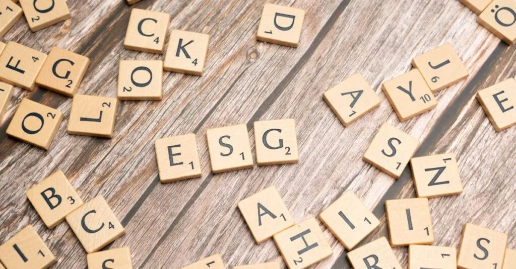 Wooden letter tiles spell ESG on a rustic wooden surface, emphasizing sustainability.