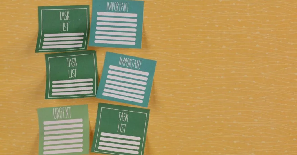 Close-up of colorful sticky notes on yellow background with task-related labels.