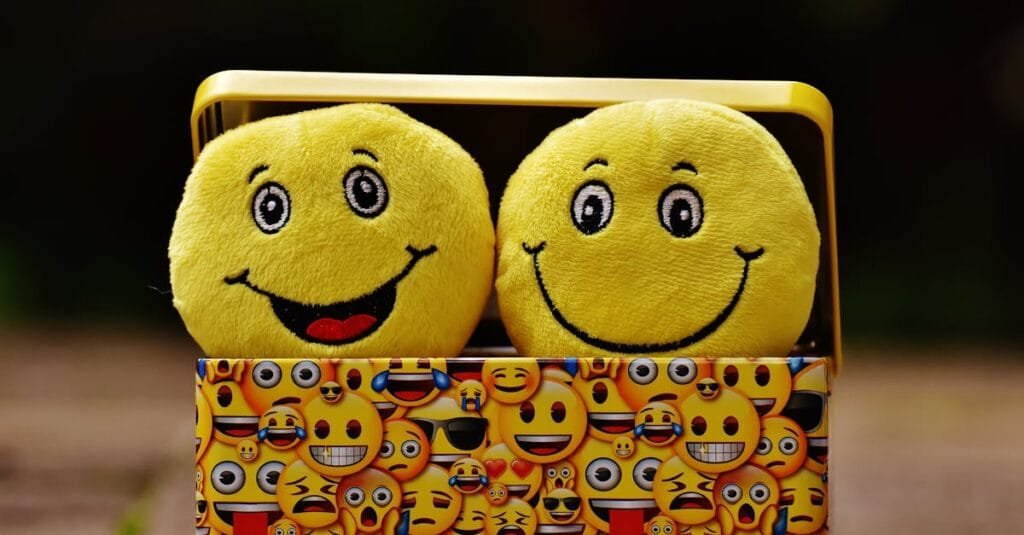Two yellow smiley plush toys in an emoji-themed box, expressing fun and happiness.