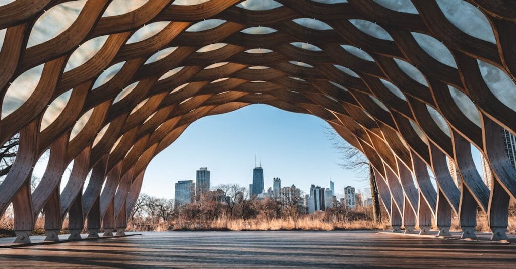 Stunning modern structure framing the Chicago skyline, a perfect blend of architecture and nature.