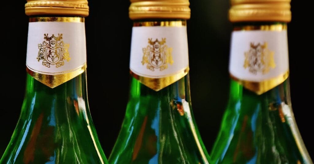 Three green glass bottles topped with gold lids, perfect for celebration imagery.