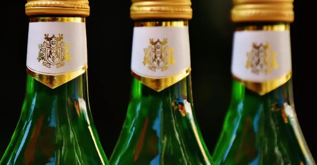 Three green glass bottles topped with gold lids, perfect for celebration imagery.