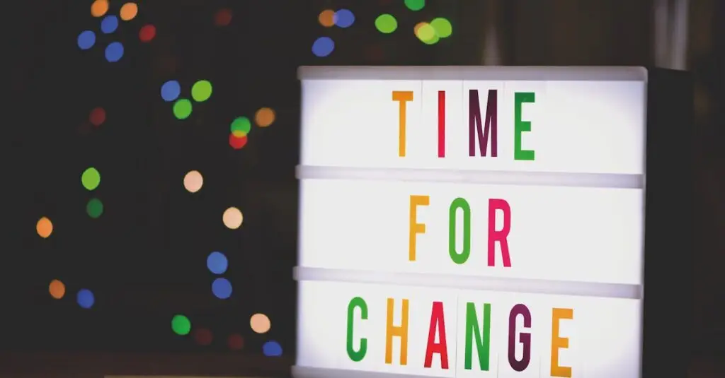 Colorful illuminated sign displaying the motivational message 'Time for Change'.