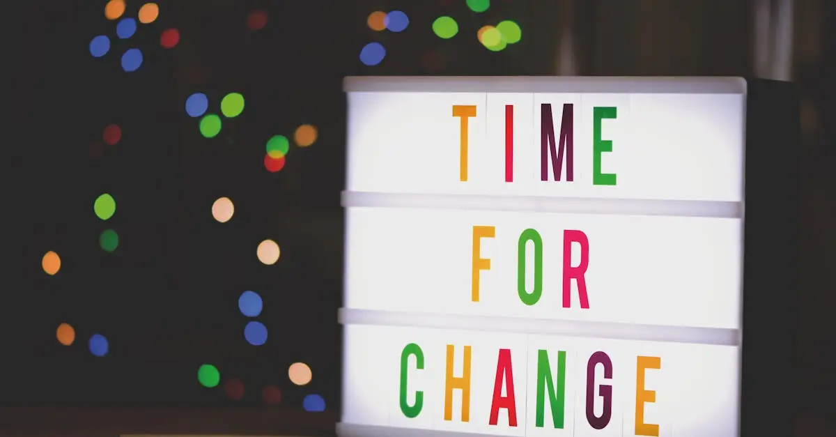 Colorful illuminated sign displaying the motivational message 'Time for Change'.