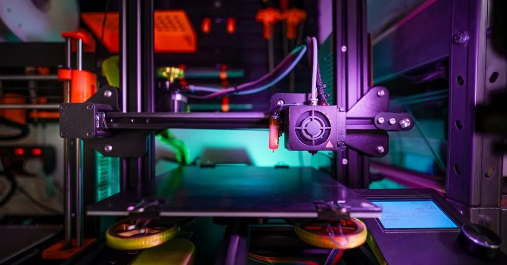 Close-up shot of a modern 3D printer in a laboratory setting, showcasing innovation and technology.