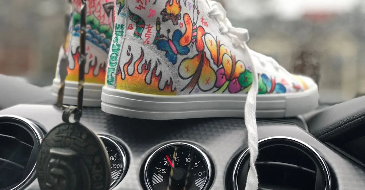 Vibrant graffiti sneakers displayed on a car dashboard, showcasing urban art style.