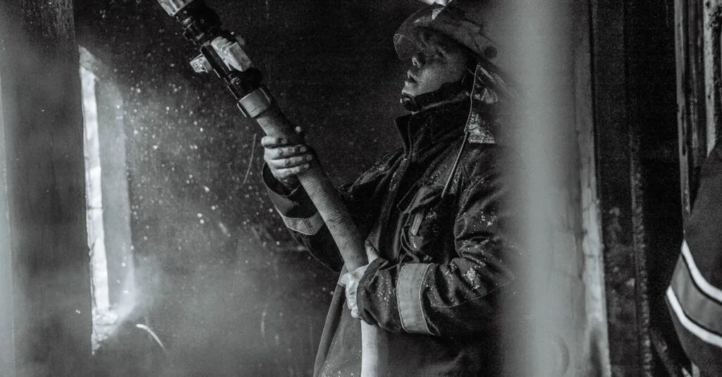 A determined firefighter battles smoke and flames with a hose in this monochrome scene.