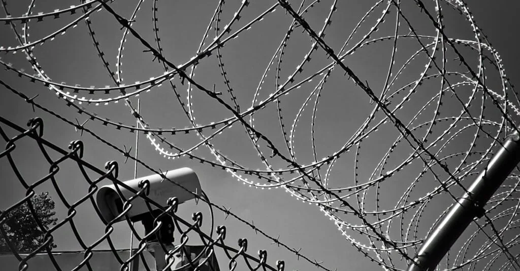 A black and white image featuring barbed wire and a security camera, symbolizing protection and surveillance.