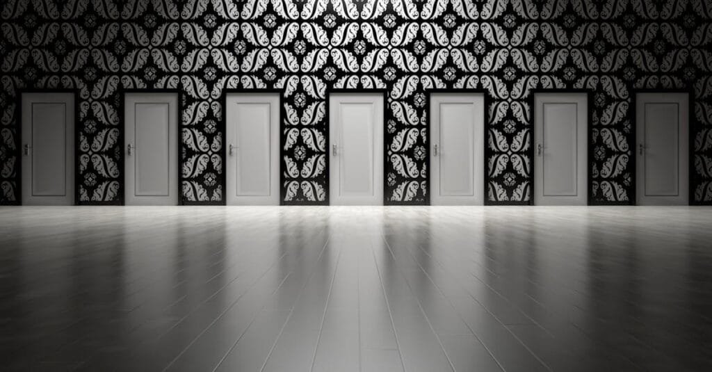 Five closed doors in a black and white ornate hallway symbolizing opportunities and decisions.