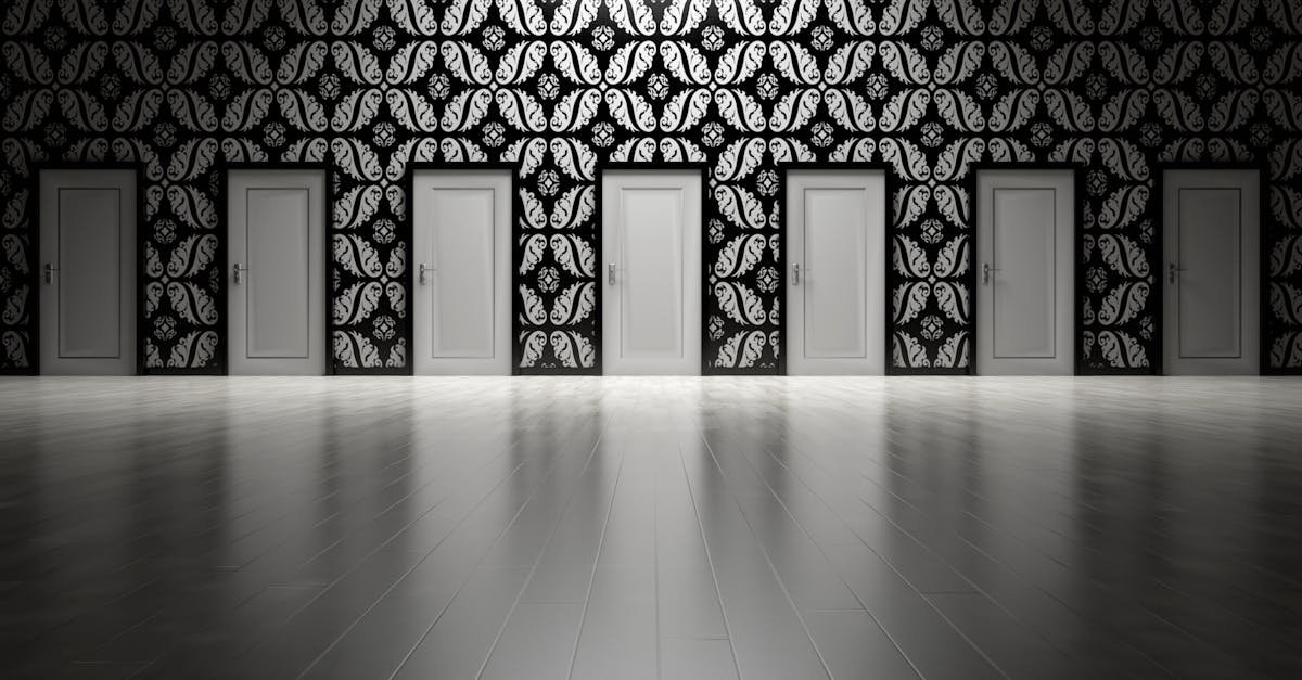 Five closed doors in a black and white ornate hallway symbolizing opportunities and decisions.